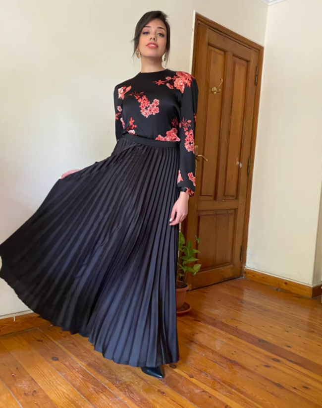Black Satin Pleated Skirt