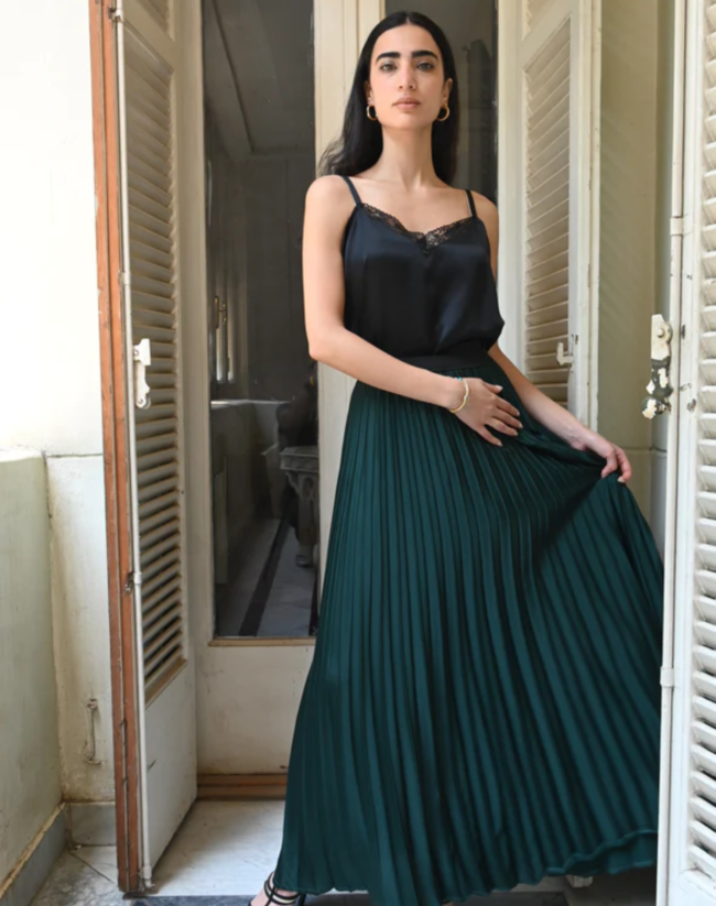 Forest Green Satin Pleated Skirt