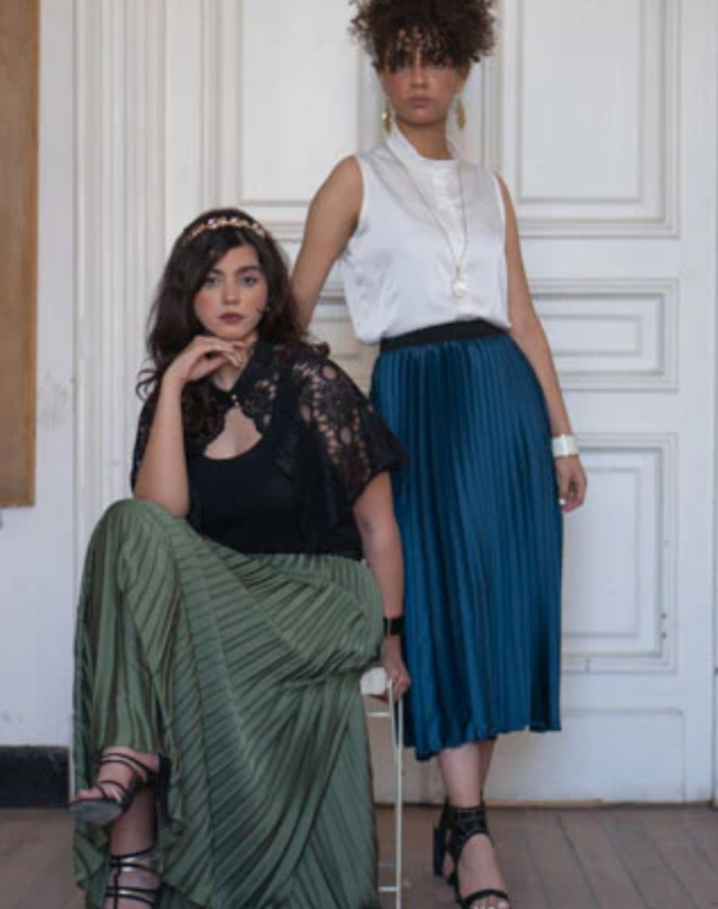 Petrol Blue Satin Pleated Skirt - Image 2