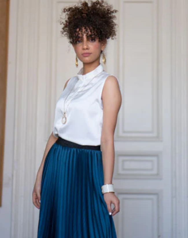 Petrol Blue Satin Pleated Skirt - Image 4