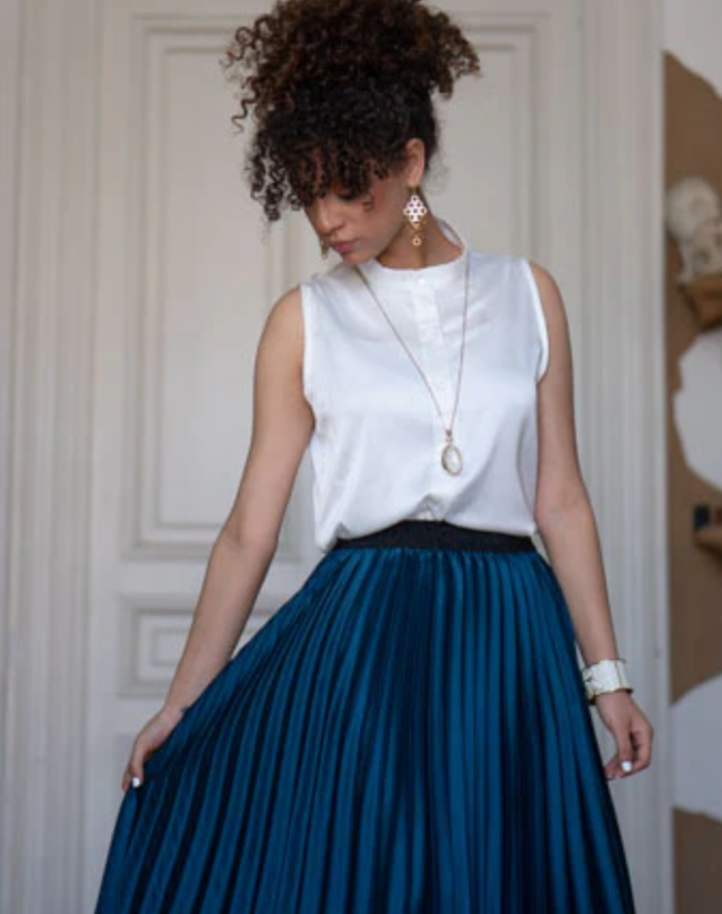 Petrol Blue Satin Pleated Skirt - Image 5