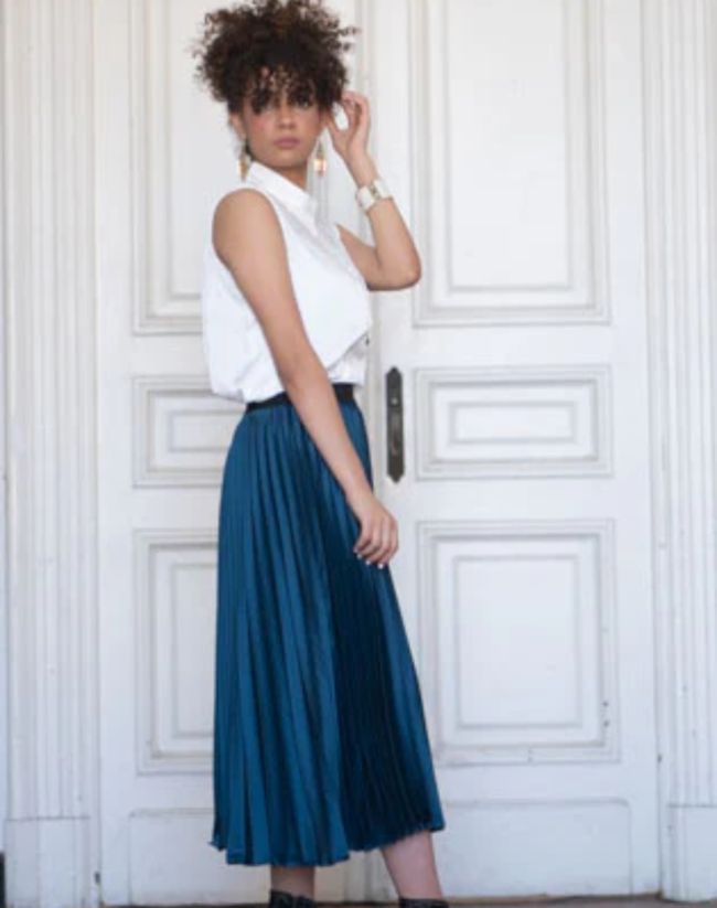Petrol Blue Satin Pleated Skirt