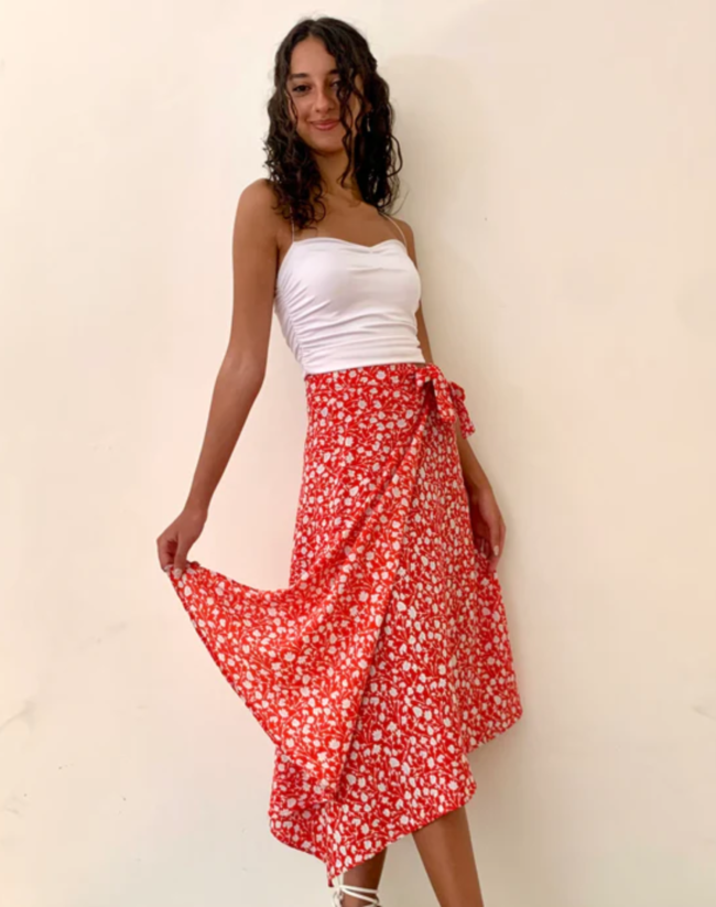 Red Floral Wrap Skirt - Image 4