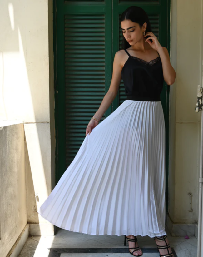 White Satin Pleated Skirt